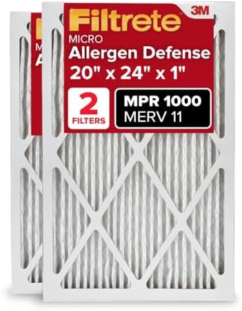 Filtrete 20x24x1 AC Furnace Air Filter, MERV 11, MPR 1000, Micro Allergen Defense, 3-Month Pleated 1-Inch Electrostatic Air Cleaning Filter, 2 Pack (Actual Size 19.81 x 23.81 x 0.81 in)
