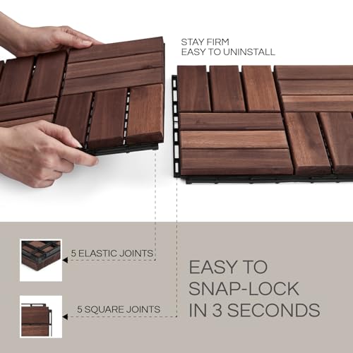 10 Pcs Interlocking Deck Tiles, Patio Flooring - Outdoor Waterproof Acacia Wood Tiles for All Weather Use - Balcony, Backyard, Indoor & Outdoor (Dark Brown, 10 Pcs - 12.1 Square Ft)