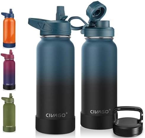 CIVAGO 32 oz Insulated Water Bottle With Straw, Stainless Steel Sports Water Cup Flask with 3 Lids (Straw, Spout and Handle Lid), Wide Mouth Travel Thermal Mug, Indigo Black
