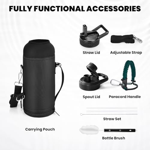 Insulated Water Bottle 40 oz, Triple Wall Vacuum Stainless Steel (Cold for 48 Hrs), Leak Proof & Non-BPA, Modern Water Flask Jug with Paracord Handle & Straw Spout Lids, Dark Green