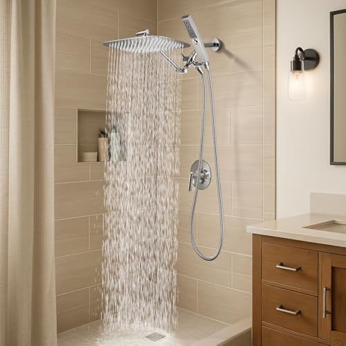 G-Promise All Metal 12 Inch Dual Shower Head with Handheld Combo, Rain Shower Head, Adjustable Extension Arm, Smooth 3-Way Diverter, 71 Inch Extra Long Hose - A Bathroom Upgrade (Chrome)