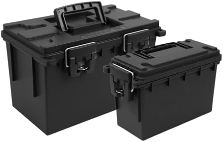 Sheffield 12706 2-Pack Combo Ammo Storage Boxes, .30 Cal and .50 Cal Field Boxes, Water and Dust Resistant, Lockable Storage Box with Handle for Hunting Gear and Bullets, Made in the USA, Black
