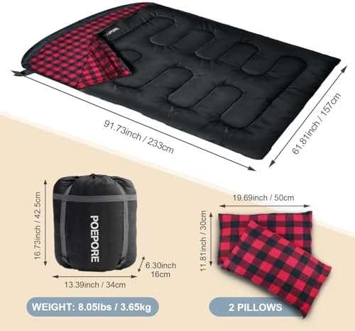 Double Sleeping Bag Flannel for Adults with 2 Pillows 2 Person Sleeping Bags Camping XXL Queen Size Two Person Sleeping Bag for Cold Weather