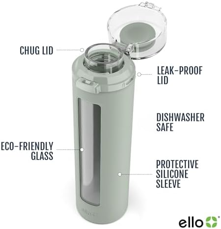 Ello Syndicate 20oz Reusable Glass Water Bottle with One-Touch Leak Proof Flip Lid and Protective Non-Slip Silicone Sleeve and Carry Loop for Coffee, Tea and Water, BPA-free Dishwasher Safe