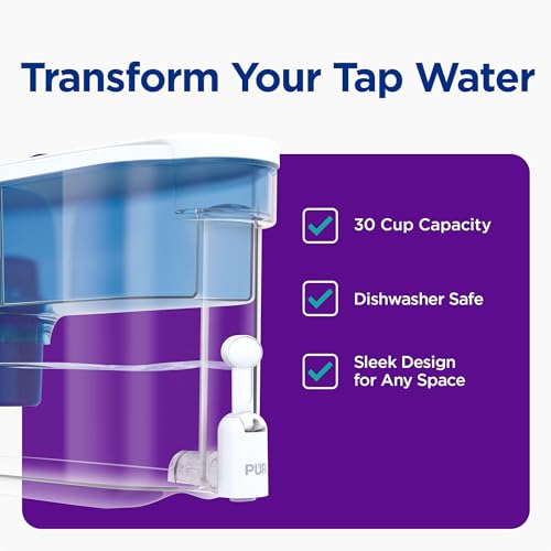 PUR 30-Cup Water Filter Dispenser with 1 Genuine PUR Filter, Large 30-Cup Capacity, 2-in-1 Powerful, Faster Filtration, Lasts 2 Months or 40 Gallons, Dishwasher Safe, White/Blue (DS1800Z)