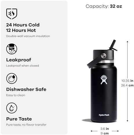 HYDRO FLASK Wide Mouth vacuum insulated stainless steel water bottle with leakproof closeable straw lid for cold water drinks, sports, travel, car and school