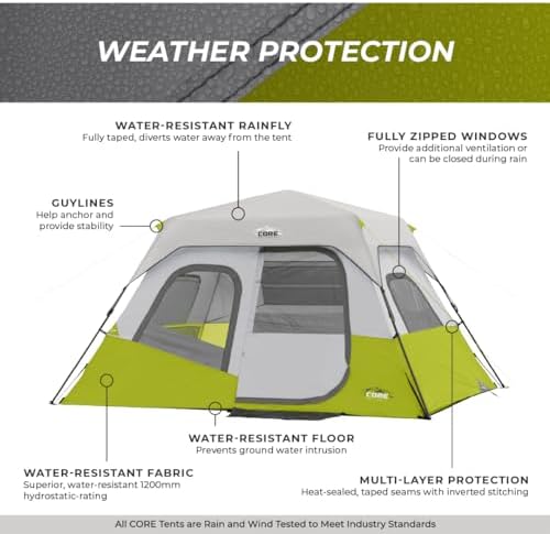 CORE Instant Cabin Tents | 6 Person / 9 Person / 10 Person / 12 Person Family Cabin Multi Room Pop Up Tents Car Camping | Included Storage Pockets for Camping Accessories