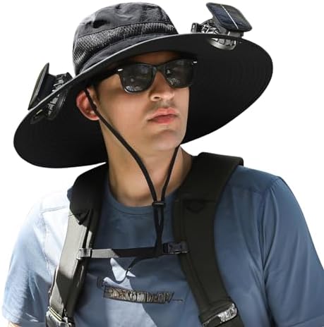 Outdoor Wide Brim Sun Hat with 2 Solar Fan Sun Bucket Hat for Men Women UPF 50+ Bucket Fishing & Beach Hat with Fan Built in