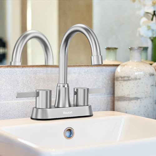 Bathroom Faucets, Bathroom Faucet 3 Hole, Bathroom Sink Faucet, Faucet for Sink 4 Inch 2 Handle Centerset, Lead-Free, with Copper Pop Up Drain (Brushed Nickel)