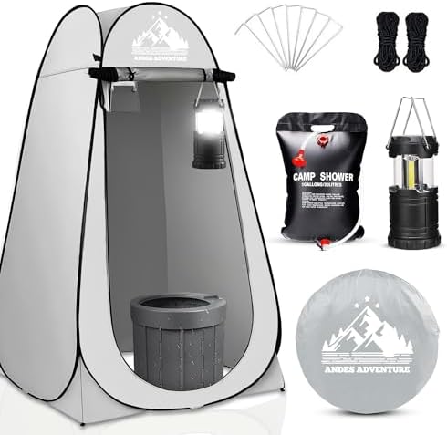 Portable Outdoor Privacy Tent Shower with Toilet, Lights - Large Pop Up Camping Bathroom Tent