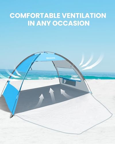 OutdoorMaster Beach Tent for 3 Person with 2 Doors, Easy Setup Sun Shade Shelter, Portable Beach Shade Sun Canopy with UPF 50+ UV Protection, Extendable Floor with Carrying Bag - Blue
