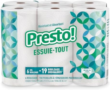 Amazon Brand - Presto! Flex-a-Size Paper Towels, 158 Sheet Huge Roll, 12 Rolls (2 Packs of 6), Equivalent to 38 Regular Rolls, White