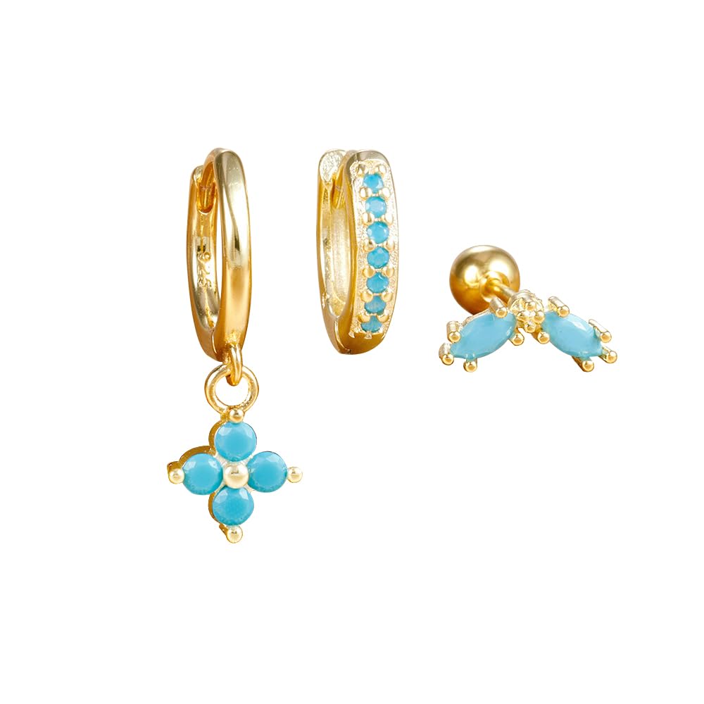 Small Gold Huggie Hoop Earrings Set for Women Turquoise Earrings 14K Gold Plated Cartilage Multiple Piercing Jewelry Hypoallergenic Sleeper (A- Turquoise Earrings Set)