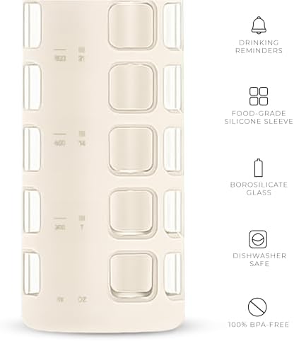 purifyou 40/32/22/12 oz Borosilicate Glass Water Bottles with Volume Markers, Silicone Sleeve, Stainless Steel Lid, Reusable Bottle for Water, Juice, Gym, and Fridge Storage (32oz Pearled Ivory)