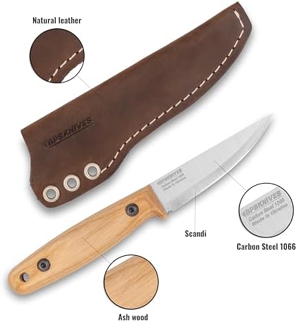 BPS Knives Finn Lite - Puukko Knife - Fixed-Blade Carbon Steel Knife with Leather Sheath - Small Full Tang Camping Knives - Scandinavian Camp Utility Knives