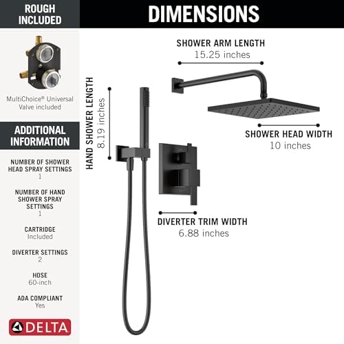 Delta Faucet Modern Raincan 2-Setting Shower Square System Including Rain Shower Head and Handheld Spray Black, Rainfall Shower System Brushed Black, Shower Valve Trim Kit, Matte Black 342701-BL