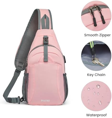 G4Free Sling Bag RFID Crossbody Sling Backpack with USB Charging Port, Travel Hiking Daypack Shoulder Chest Bag for Women Men(Pink)