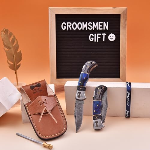 Set of 6 - Personalized Damascus Pocket Knife for Groomsmen -With Leather Sheaths - Custom Engraved Pocket Knives | Groomsman Gifts for Wedding, Groomsmen Proposal Gifts