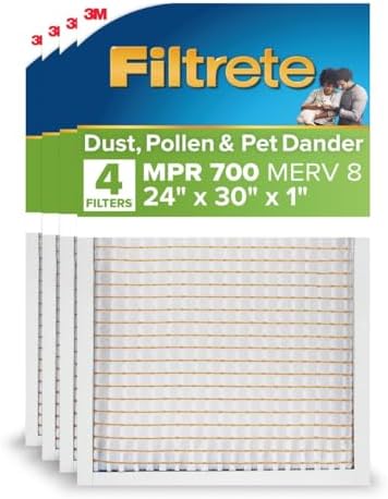 Filtrete 24x30x1 AC Furnace Air Filter, MPR 700, MERV 8, Tough on Pollen, Easy on Airflow, 3-Month Pleated 1-Inch Electrostatic Air Cleaning Filter, 4-Pack (Actual Size 23.81 x 29.81 x 0.81 in)