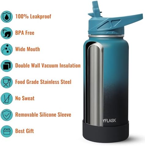 40oz Insulated Water Bottle with Straw, Stainless Steel Metal Vacuum Water Flask, Large Thermos Water bottle with Leakproof 3 Lids for Travel, Camping, Gym Sports Indigo Black