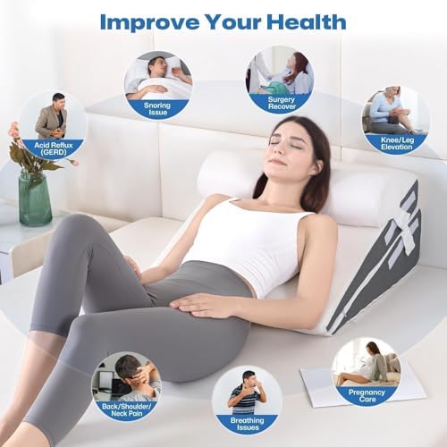GOHOME Cooling Wedge Pillow Set for After Surgery, 3-Piece Adjustable Memory Foam Bed Wedge Pillow for Sleeping - Acid Reflux, Snoring, Neck Pain and Back Pain, White and Grey