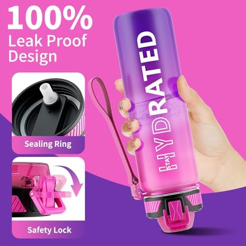 Water Bottle with Straw, 32oz Motivational Water Bottles with Time Marker to Drink, Tritan BPA Free, 1L Sports Water Bottle with Carry Strap LeakProof for Women Gym Fitness Outdoor (1 Pack)