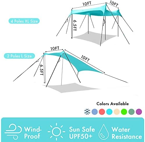 Beach Shade Windproof Design, Sun Shelter UPF50+ Portable Family Canopy Tent with 8 Sandbag Anchors 10x10 FT 4 Poles Pop Up Outdoor Shelter for Beach, Camping, Fishing, Backyard and Picnics