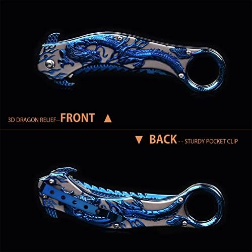 Pocket Knife for Men, Cool Folding Knife With 3D Blue Dragon Relief, Great Gift Edc Knife For Men Outdoor Survival Camping Hiking