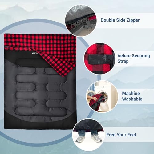 Cotton Flannel Double Sleeping Bag for Adults Machine Washable 2 Person Camping Sleeping Bag Queen Size Waterproof with Compression Sack for Cold Weather 3-4 Seasons