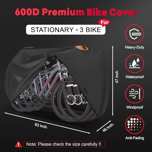 Bike Cover for 3 Bikes - Outdoor Bike Covers for Stationary 3 Bikes Heavy Duty & Waterproof, 600D Bicycle Covers for 3 eBike, Mountain Bike, Road Bike, Hybrid Bike, Beach Cruiser Bike Storage