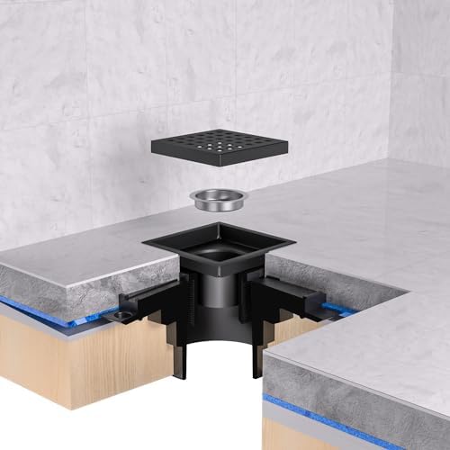 EXF Square Shower Drain 6 Inch Matte Black, Stainless Steel Shower Floor Drain Kit with ABS Flange, Removable Grid Grate, Hair Strainer, Not Fit for Bathtub