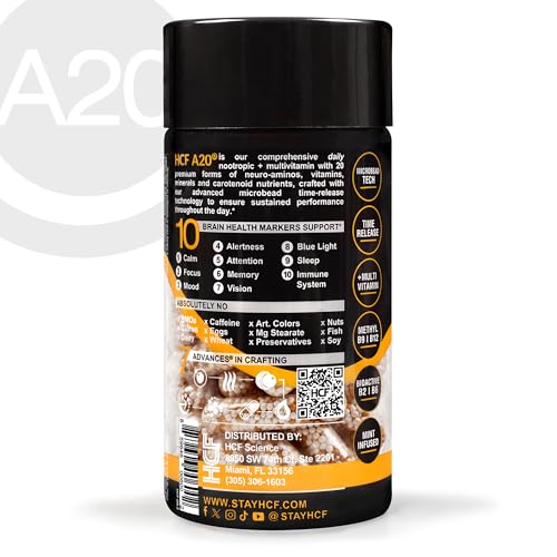 HCF A20 Microbead Brain Health Supplements for Adults for Memory, Focus, Calm, Mood, Alertness, Attention, Vision, Sleep, Immune System, 20 Premium Nootropic Nutrients Multivitamin & 7 Advances® Tech