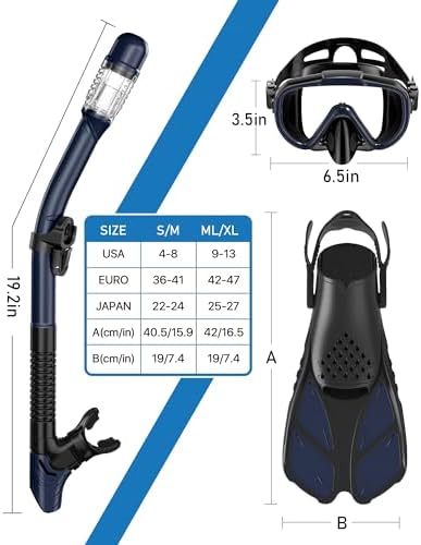 Snorkeling Gear for Adults Men Women,4 in 1 Snorkel Set with Panoramic View Diving Mask Anti-Fog Anti-Leak,Dry Top Snorkel,Fins and Travel Bag for Swimming,Snorkeling and Travel Diving