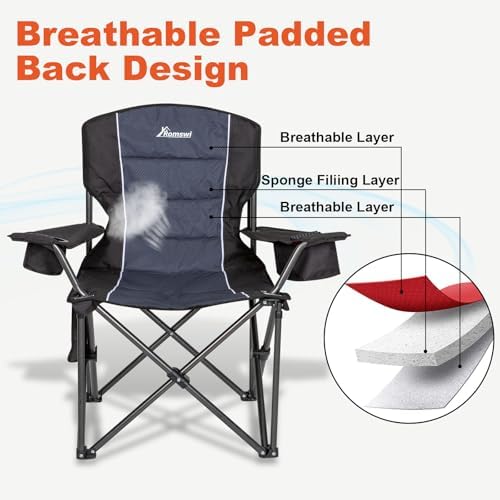 Romswi Oversized Camping Chairs,Heavy Duty Support 500 LBS,Padded Back & Arm Sport Chairs, Cup Holder Cooler Bag, Collapsible Folding Chairs for Outdoor, Fishing & Garden