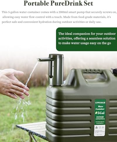 UPWOIGH Portable 5 Gallon Water Jug with Automatic Touch Control Pump,Truly No Leakage Water Container with Spigot,Type-C Rechargeable Military Green Water Pump Gear for Outdoors Camping Hiking