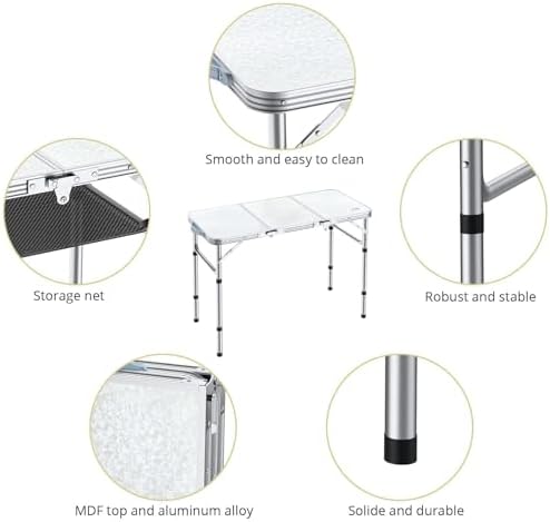 Folding Camping Table with Storage Net, 3ft Camping Table Aluminum Folding Table with 3 Adjustable Height Max 27.1 Inch, Portable, for Outdoor Backyard BBQ, Silver