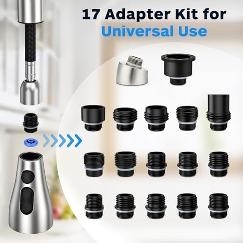 Kitchen Faucet Head Replacement 3 Modes with 17 Adapters, Pull Down Spray Head for Kitchen Faucet, Kitchen Sink Faucet Head G 1/2, Sprayer Head Replacement, Compatible with Moen,Delta, Kohler Faucets
