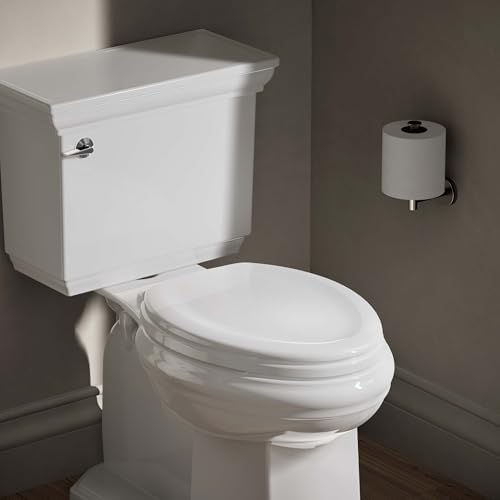 KOHLER Stonewood Quiet-Close Elongated Toilet Seat, Slow Close Design, Durable Wood, Easy Installation, Universal Fit, White Finish, K-20466-0