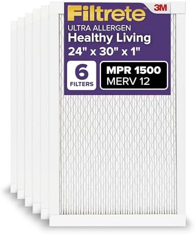 Filtrete 24x30x1 AC Furnace Air Filter, MERV 12, MPR 1500, CERTIFIED asthma & allergy friendly, 3 Month Pleated 1-Inch Electrostatic Air Cleaning Filter, 6-Pack (Actual Size 23.81x29.81x0.78 in)