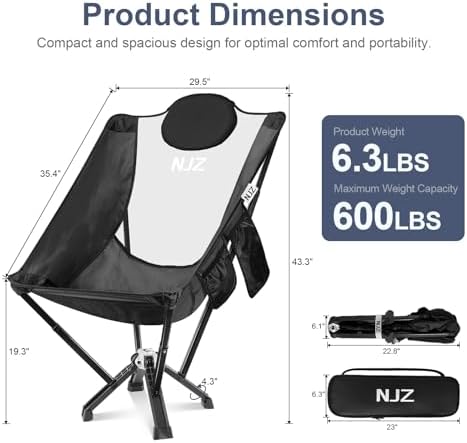 High Back Camping Chair - 600 LBS Capacity Oversized Camping Chair with Comfortable Backrest & Headrest, Quick Setup - Compact Folding Chair for Indoor/Outdoor Use - Black