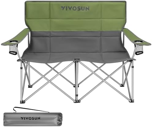 VIVOSUN Double Camping Chair, Fully Padded Folding Loveseat, Portable Oversized Duo Chair with Storage Cup Holders, Height-Adjustable Armrests & Carry Bag, Supports up to 500lbs, Green & Grey