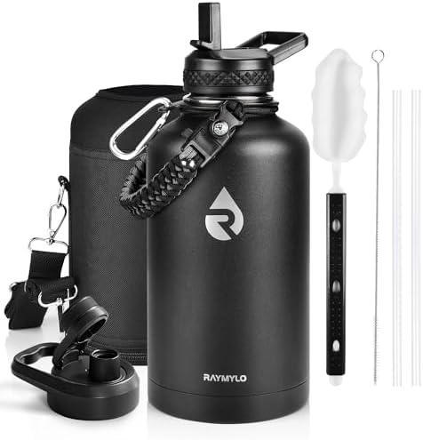 Insulated Water Bottle 64 oz, Triple Wall Vacuum Stainless Steel (Cold for 48 Hrs), Leak Proof & Non-BPA, Half Gallon Water Flask Jug with Paracord Handle & Straw Spout Lids, Magic Black