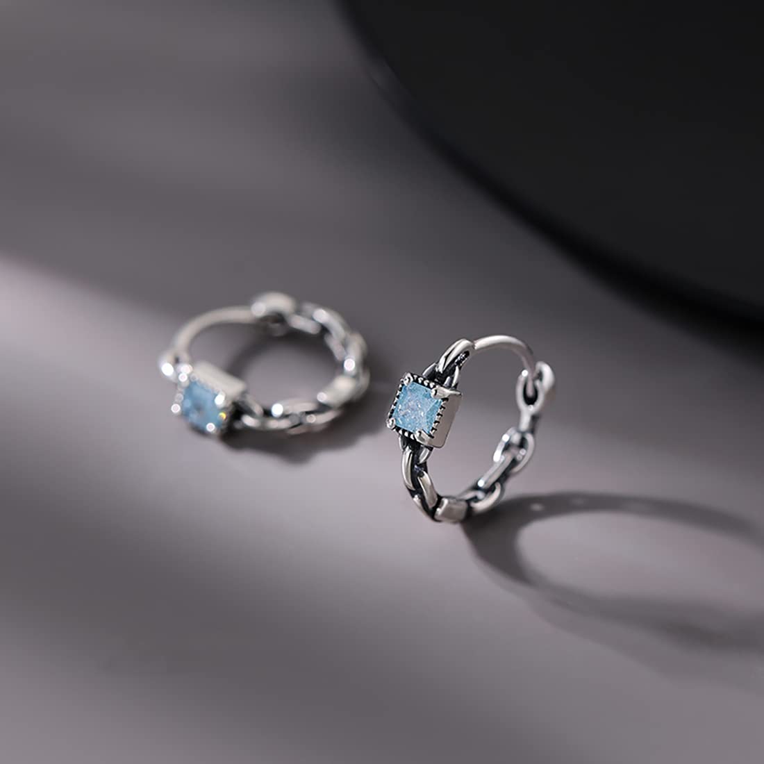 SLUYNZ 925 Sterling Silver Blue CZ Hoop Earrings for Women Teen Girls Retro Huggie Hoop Earrings