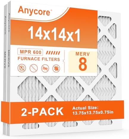 14x14x1 Furnace Air Filter MERV 8 MPR 600 FPR 5 HVAC Pleated Filters for Home Office 2-Pack (Actual Size: 13.75x13.75x0.75 inch)