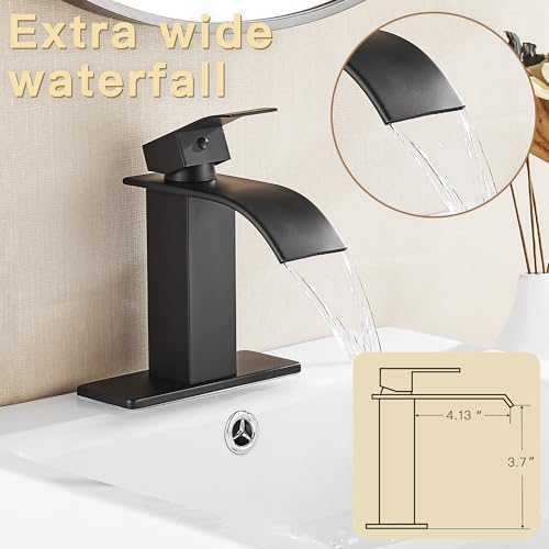 FRANSITON Black Waterfall Bathroom Faucet Lavatory Single Handle 1 or 3 Hole Bathroom Sink Faucet Washbasin Faucet with Deck and Pop-up Drain (Matte Black- Set of 2, Short)