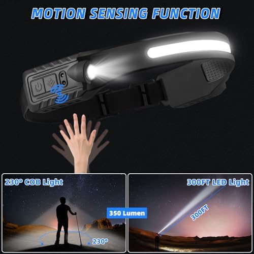 Rechargeable Headlamp with 2 Spotlights, 3Pack LED Headlamp, 230° Wide Beam Head Lamp, Motion Sensor Headlight, 5Mode Head Lights for Forehead Waterproof, Headlamps for Adults Hard Hat Running Camping
