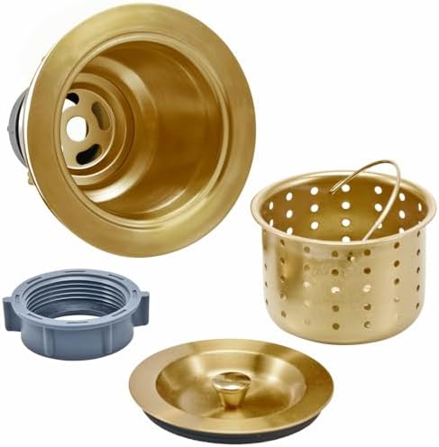KONE 3-1/2 Inch Gold Sink Drain, Durable Stainless Steel Brass Kitchen Sink Drain Assembly Kit with Sink Strainer Waste Basket/Strainer Assembly/Sealing Lid for Standard Kitchen Sink