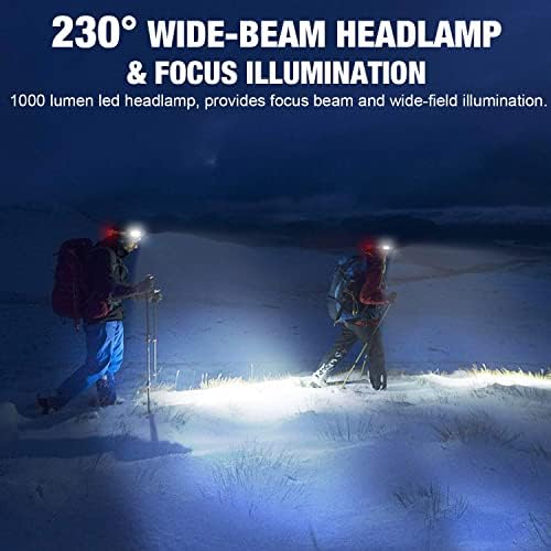 LED Headlamp, 1000lumens 230° Widebeam Headlight, USB Rechargeable HeadLamp with Red Taillight, Lightweight Waterproof Headband Light for Camping Running Hiking, Hard Hat Headlamp