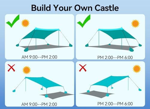 Beach Tent, Camping Sun Shelter 10 x 10ft, with 4 Sandbags, UPF50+, Includes Sand Shovel, Ground Pegs & Stability Poles, Pop Up Beach Canopy Sunshade for Fishing, Backyard Fun or Picnics (Cyan)