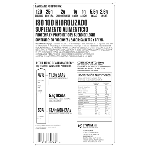 Dymatize ISO100 Whey Protein Powder Isolate, Cookies & Cream, 25g of Protein, 20 Servings, 5.5g BCAAs, Less Than 120 Cal., Gluten Free, 1g Fat, 1g Sugar, 2g Carb